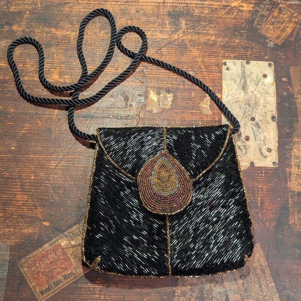 Vintage beaded Micheline Burke evening bag, black w copper/silver/gold teardrop